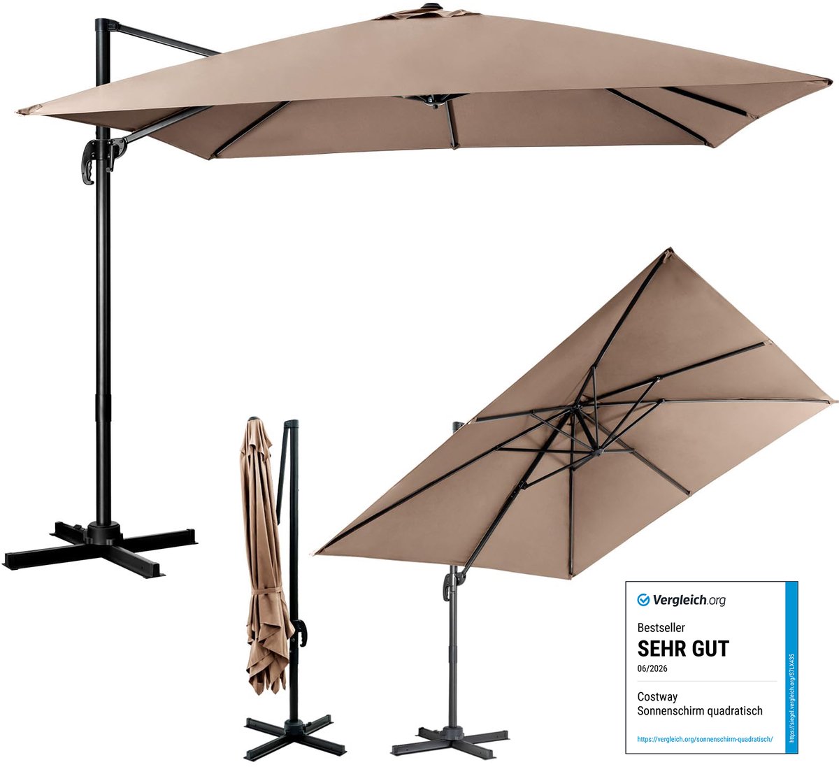 COSTWAY Parasol 300 x 300 cm vierkant, zweefparasol met zwengel, kantelbaar, 360° draaibaar, grote terrasparasol, marktscherm voor tuinen, terrassen