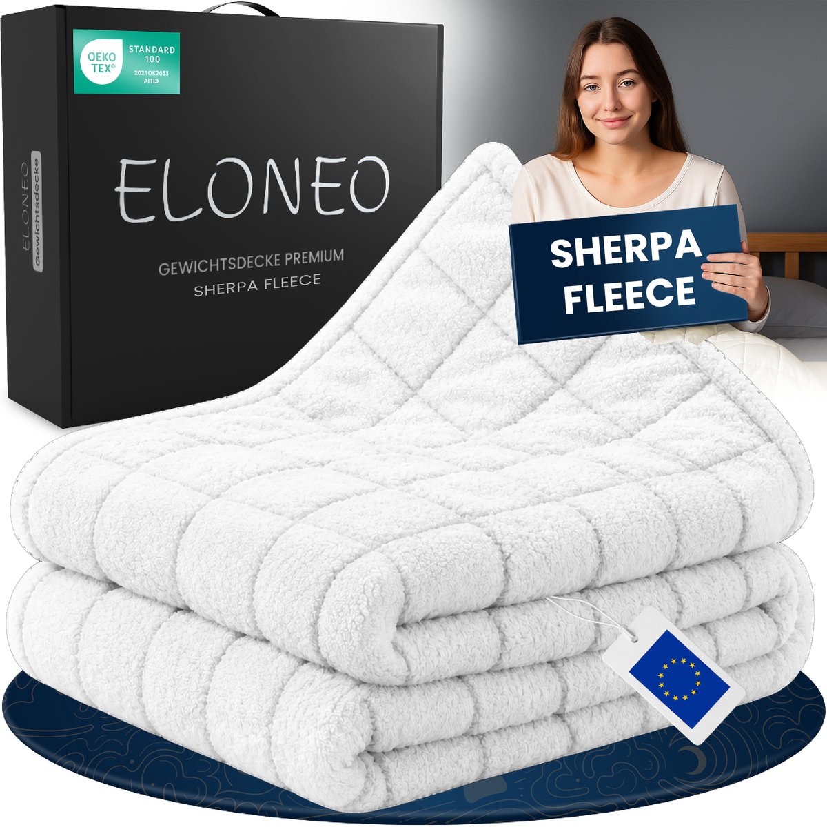 ELONEO Verzwaringsdeken Fleece & Sherpa 7 kg - Weighted Blanket met gelijkmatige gewichtsverdeling - Zachte knuffeldeken voor volwassenen - 200x200 cm - Wit