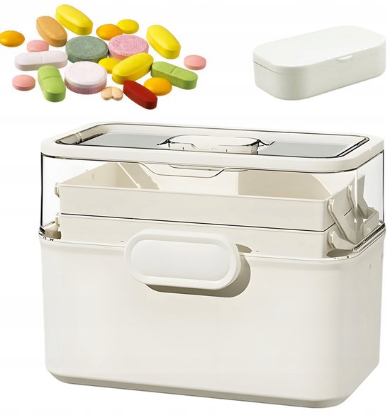 3-laags Medicijnorganizer - Medicijnendoos - Multifunctionele Opbergdoos - 28.5×21×17cm - 12L Grote Capaciteit & Transparant - Stof- & Vochtbestendig - Inclusief Pillendoosje - Voor Medicijn, Make-up & Gereedschap