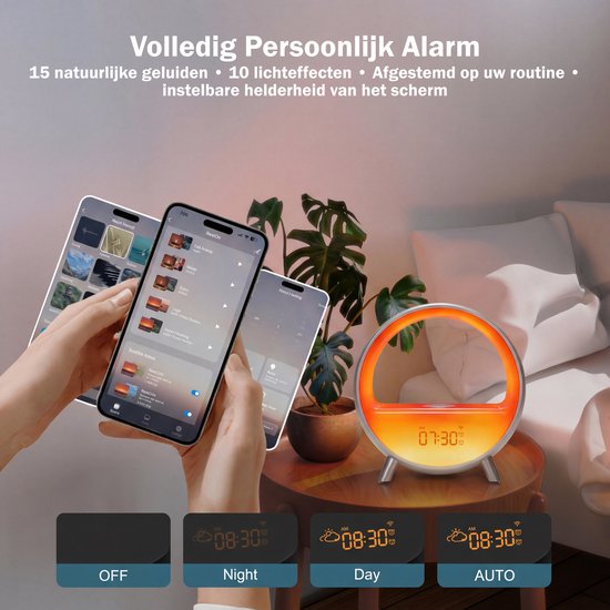 Inga® Smart Wake Up Light met zonsopgang simulatie, draadloos oplader, en bluetooth speaker| Automatische tijdinstelling | Wifi | Zet de toon met 9 omgevingssferen en 4 natuurlijke geluiden