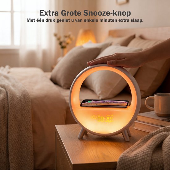 Inga® Smart Wake Up Light met zonsopgang simulatie, draadloos oplader, en bluetooth speaker| Automatische tijdinstelling | Wifi | Zet de toon met 9 omgevingssferen en 4 natuurlijke geluiden