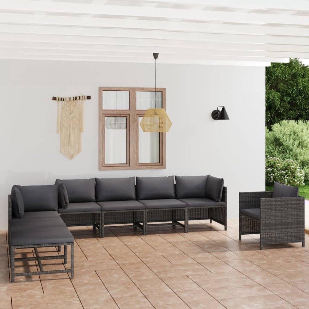 Luxe Polyrattan Tuinset met 3 Hoekbanken, 2 Middenbanken, 1 Luxe Fauteuil, 2 Multifunctionele Voetenbanken en Wasbare Kussens – Complete Flexibele Hoekbank voor Tuin, Terras en Balkon – Modern Grijs