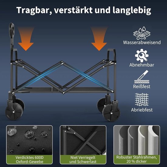 Velori Opvouwbare Kampeerwagen - Bolderkar met Terreinwielen - Campingwagen met Verstelbare Handgreep - Transportwagen met Bekerhouders - Zwart Opvouwbaar — afbeelding 2