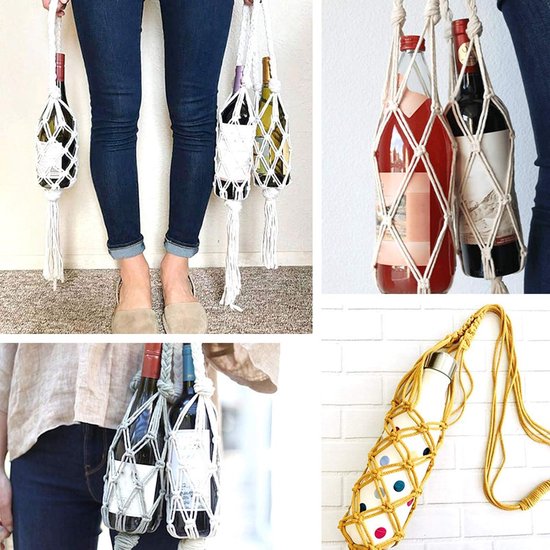 hangend wijnflesje - Boheemse stijl handgebreid katoenen touw flessenopslag hangende tas wijn Tote decoratie (Beige-65cm) — afbeelding 3
