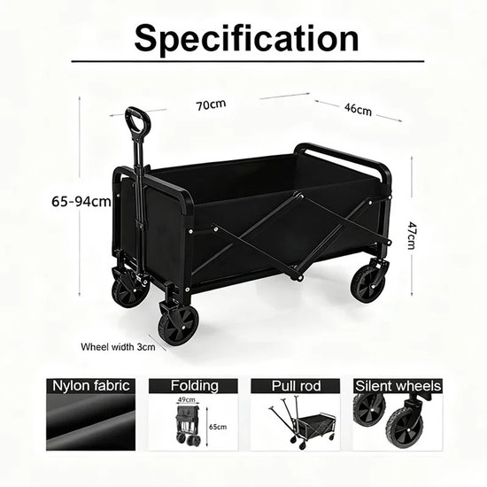 Velori Opvouwbare Kampeerwagen 100kg - Camping Trolley - Handkar met 5 Inch Wielen - Opvouwbare Transportwagen - Bolderkar voor Camping Strand Tuin Zwart — afbeelding 2