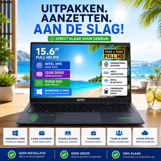 GMR laptop met 15.6" Full HD IPS scherm, Intel N95, 12GB DDR5, 512GB SSD, Windows 11 Pro. Vingerafdrukscanner en cardreader.