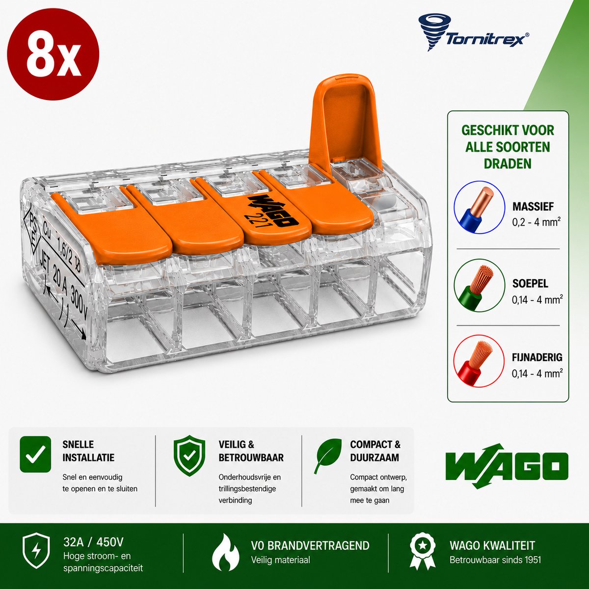 Wago lasklem 5-voudig 221-415 (8 stuks) - Tornitrex®