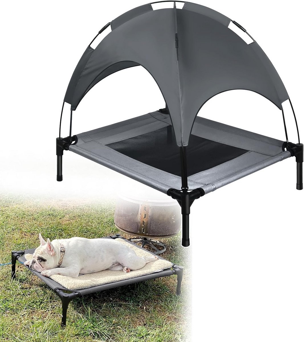 Verhoogd hondenbed - Huisdierligstoel - Comfortabel rusten - Waterdichte afneembare kap - 76 x 61 x 76 cm - Grijs zwart