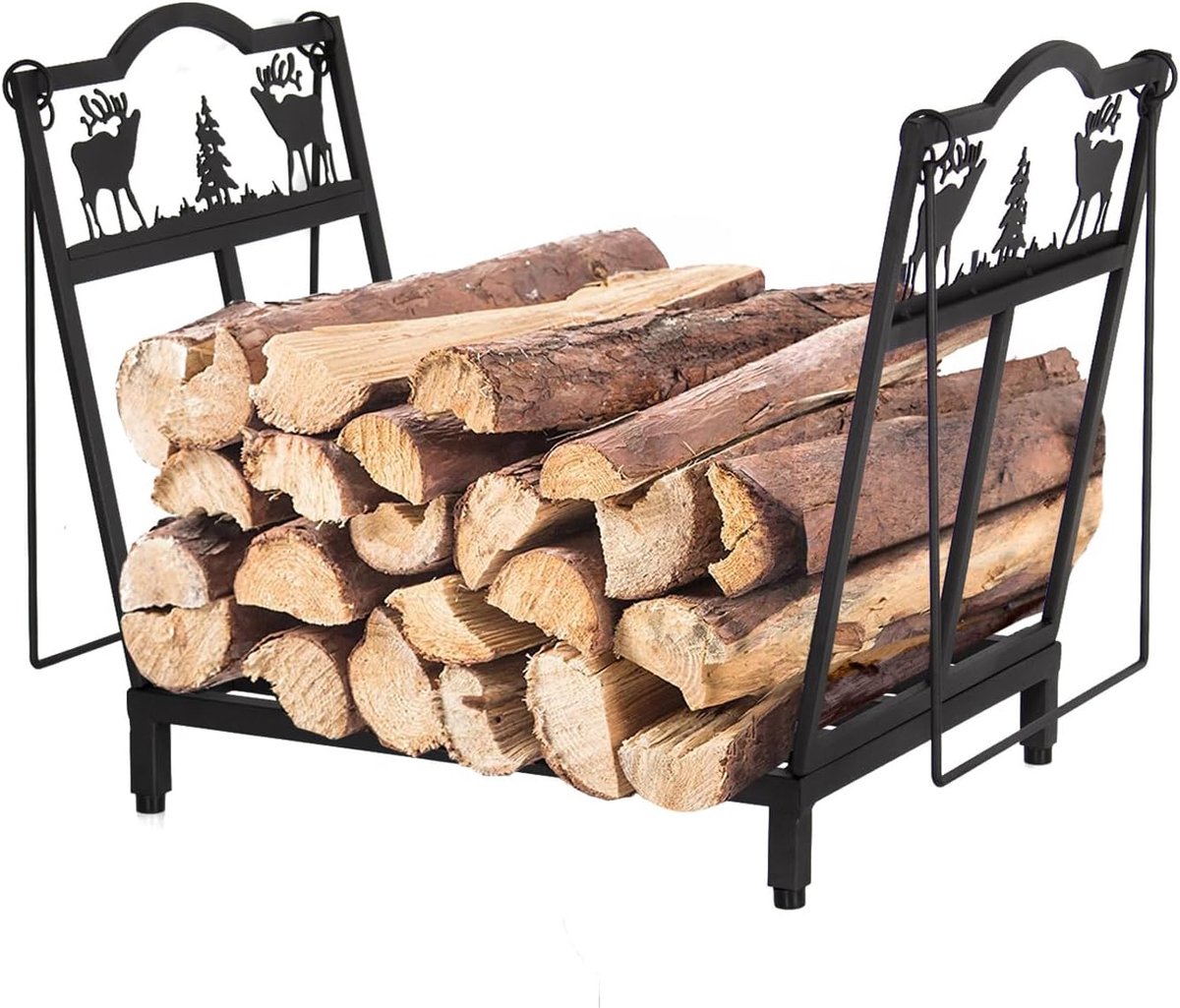 Opvouwbare Houthouder - Brandhout Rek - Haardhout Opslag - Uniek Elandmotief - 38 x 32 x 40 cm - Zwart