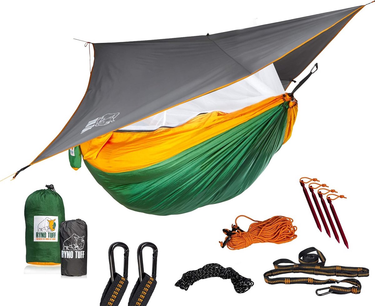 Kampeerhangmat - Twee persoons - Buiten Ontspannen - Met muggennet - 300x200 cm - Groen