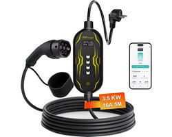 Hexinex Mobiele Thuislader - Type 2 met App 3,5kW - Schuko Plug - 16A 1 Fase - 5 Meter Kabel - EV-oplader met LCD Display