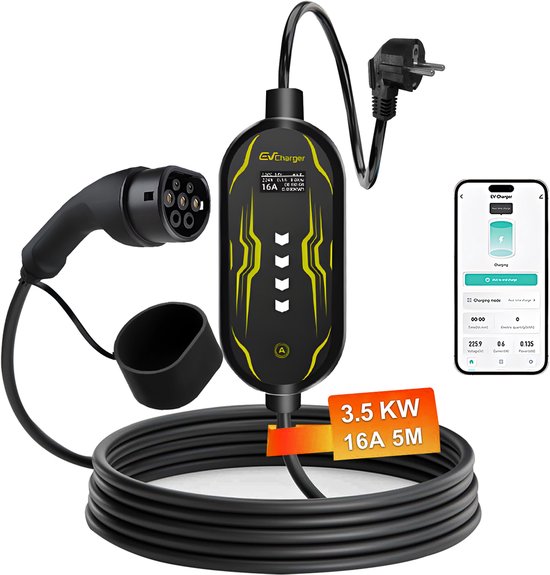 Zwarte EV-oplader met gele accenten, 5m kabel, CEE-stekker, Type 2-connector en LCD-scherm. Mobiele app-weergave.