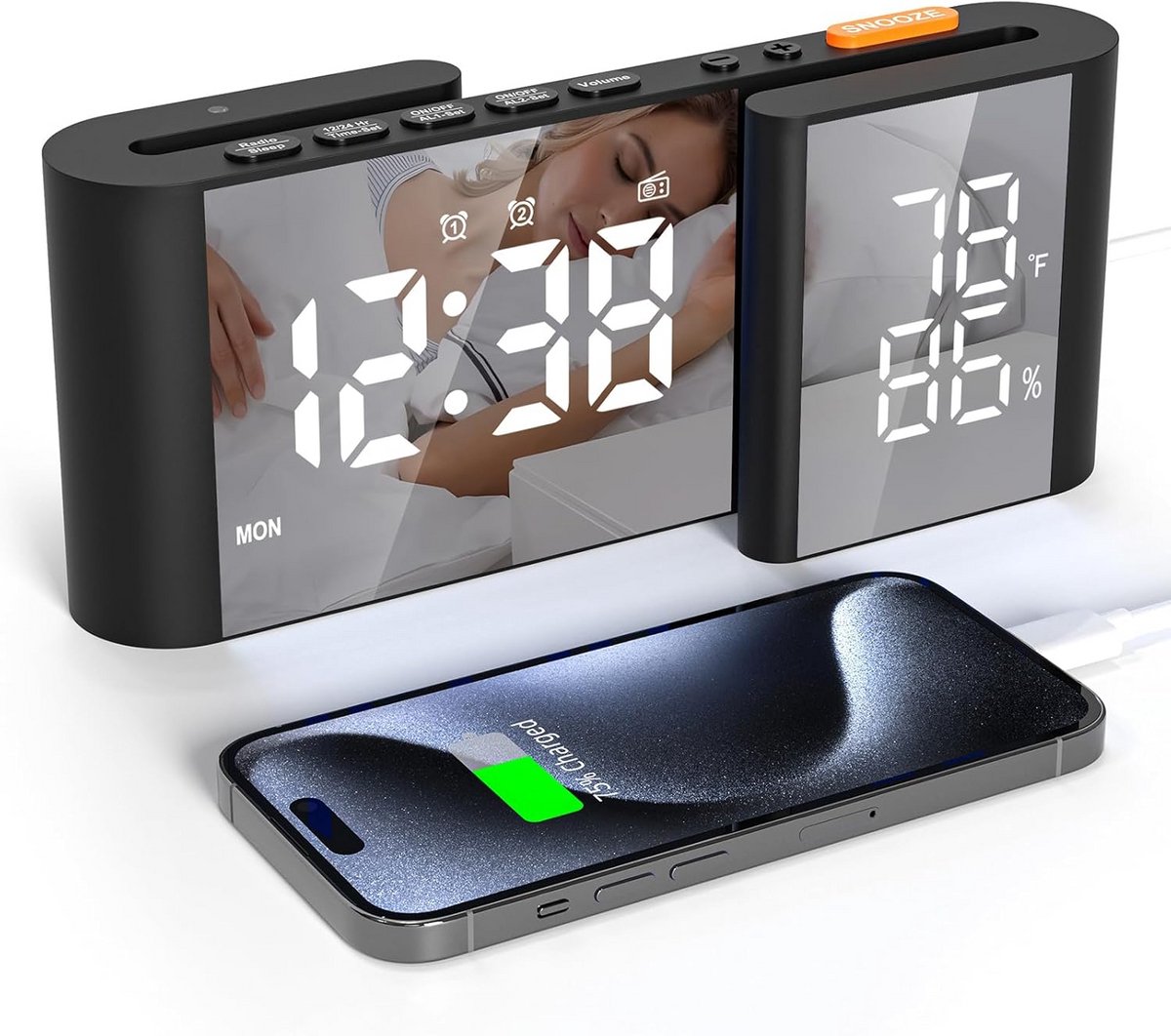Digitale Wekker - Spiegelklok LED - Wakker Worden - Dubbel Alarm Radio - 6 inch Display - Zwart