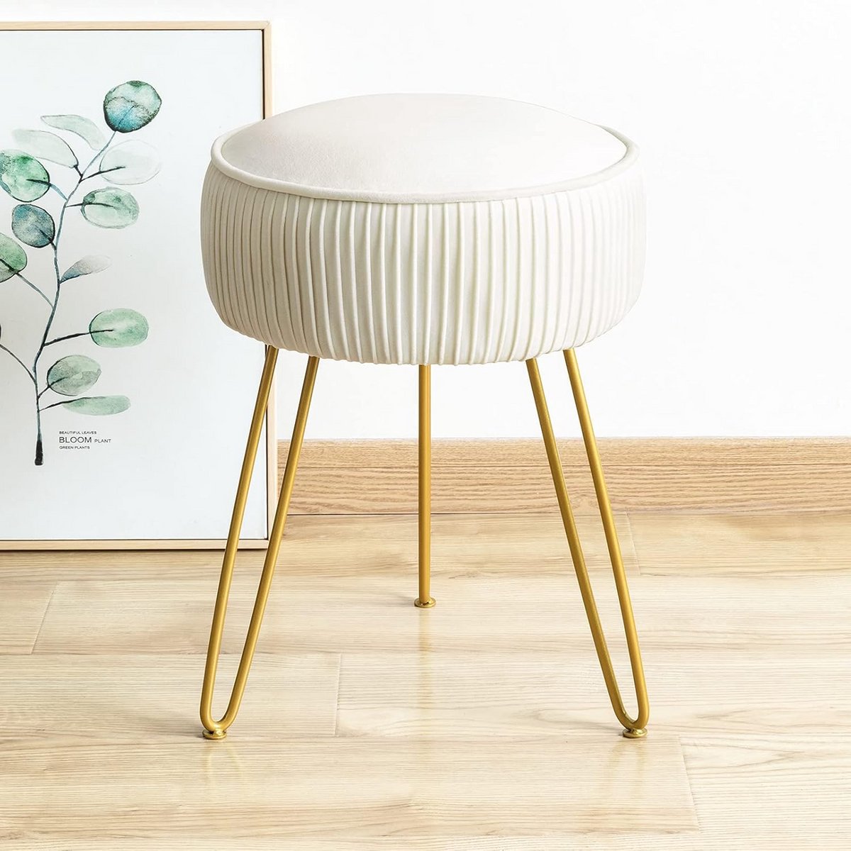 Ronde Voetenbank - Ottomaanse Kruk - Ontspanning Thuis - Geplooid Fluweel Design - 34x34x47 cm - Beige