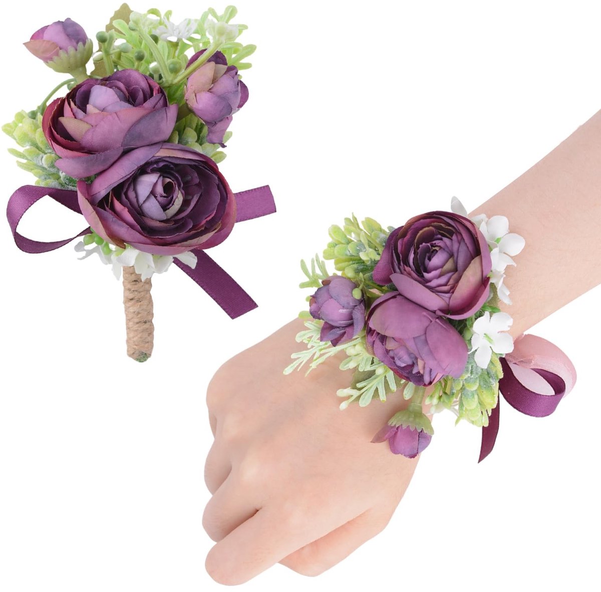 Dailygoods- Corsage Set 2 Stuks - Polscorsage Boutonniere - Kunststof Bloemen - Bruiloft/Feest - Donkerpaars - Eenvoudig te Dragen - Bloemenarmband