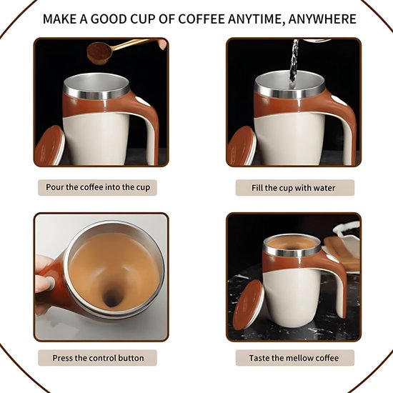 Dailygoods - Elektrische Magnetische Roerkoffiemok - Automatische Mengbeker - Bruin - Reisbeker voor Koffiemelk en Cacao - 380ML - Handig voor Reizen — afbeelding 4
