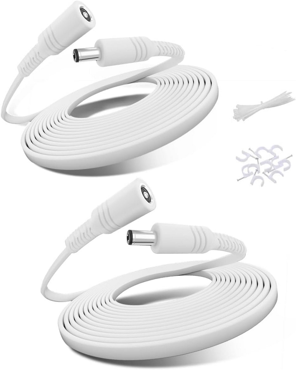 Verleng Kabel - Voedingskabel Adapter - Camera Beveiliging - Platte Kabel Ontwerp - 2 Pack 3M - Wit