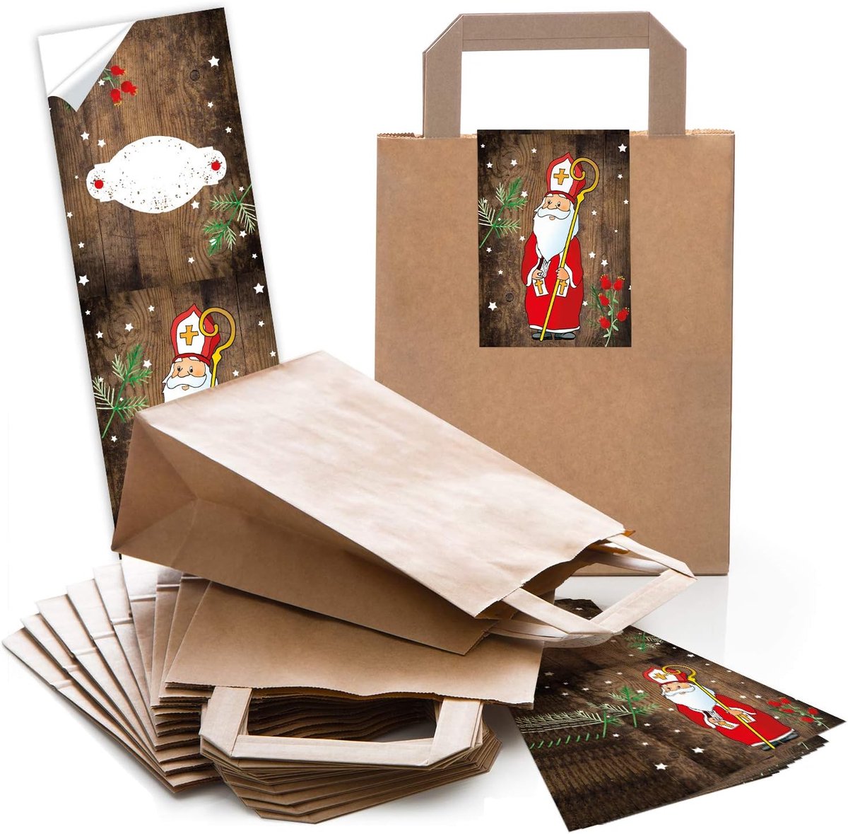 Cadeauzakjes Kerst - Papieren Draagtassen - Feestelijke Verpakking - Met Handvat en Stickers - 18x8x22 cm - Bruin Natuur