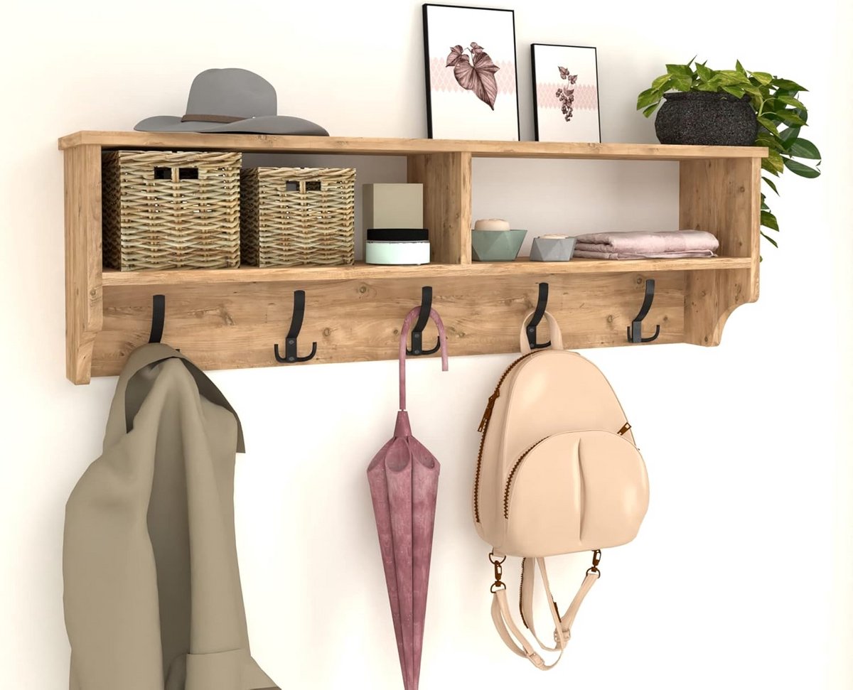 Wandkapstok met vakken - Halmeubel - Opruimen en ophangen - 10 haken - 37x120x22 cm - Eike