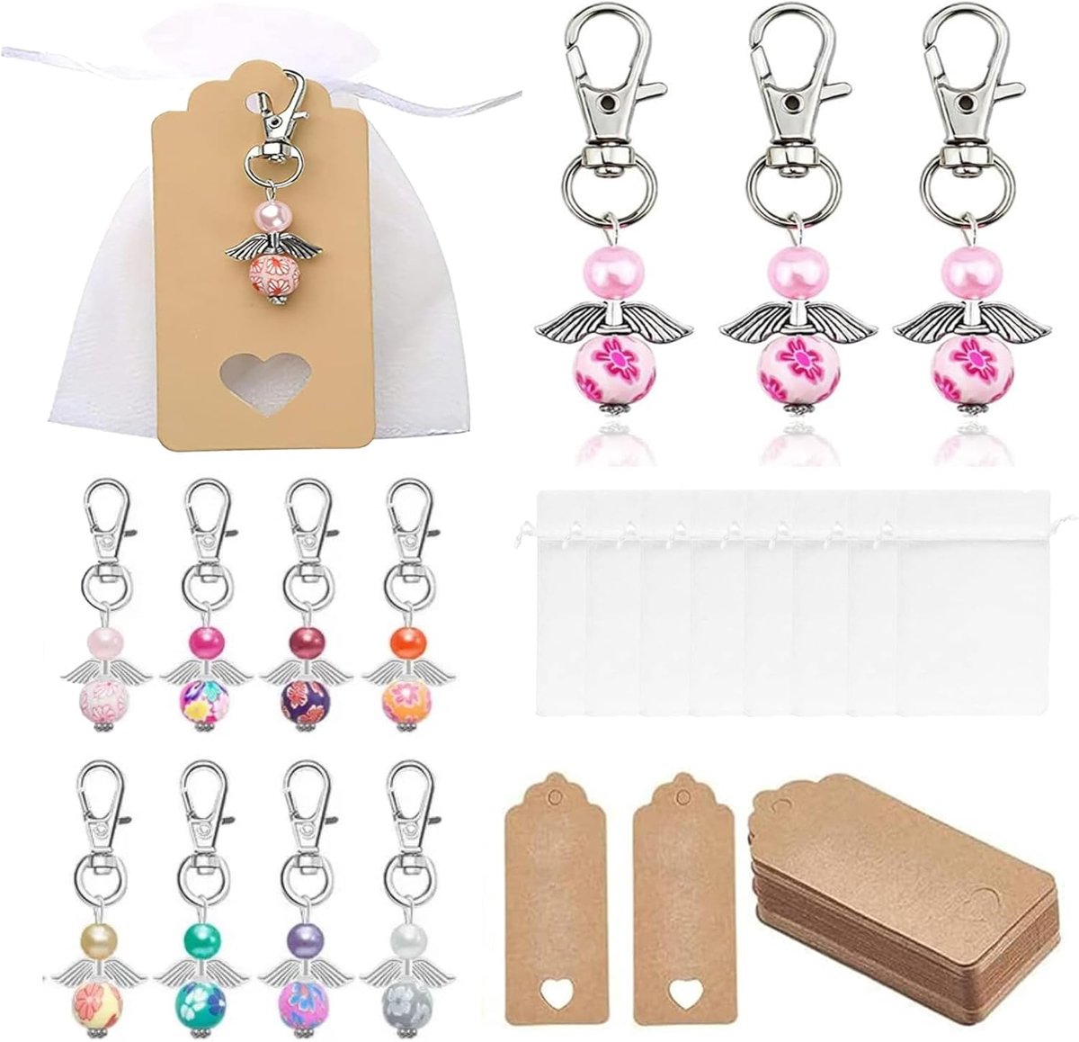 Gelukspoppetjes - Sleutelhanger Set - Kleine Beschermengelen - Voor Bruiloften en Feestjes - Inclusief Labels en Organza Tassen - Voor Elke Gelegenheid