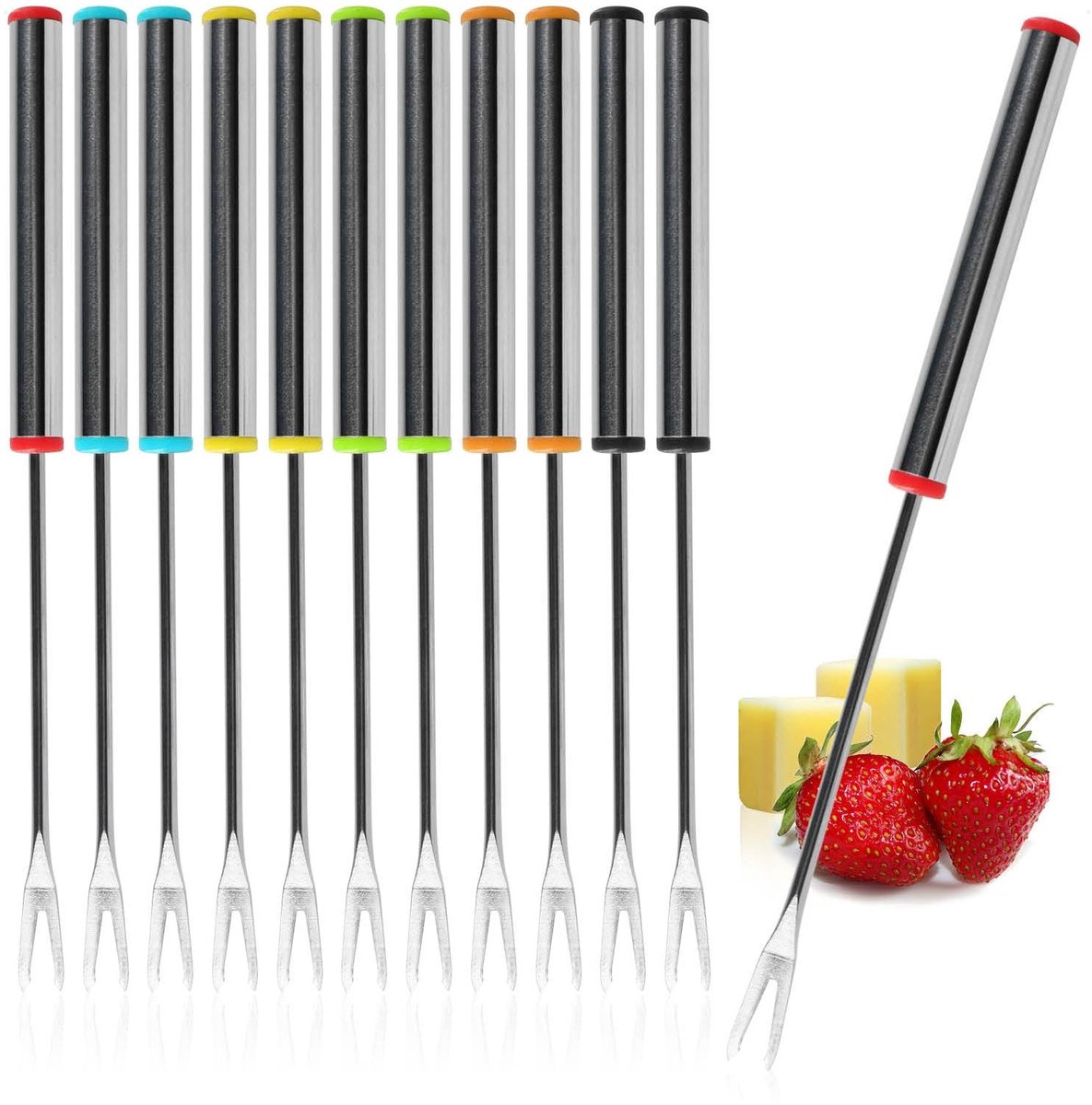 Dailygoods- Fonduevorken 12 stuks - Roestvrij Staal - Vaatwasmachinebestendig - Gekleurde Doppen - Fonduebestek - Handgrepen