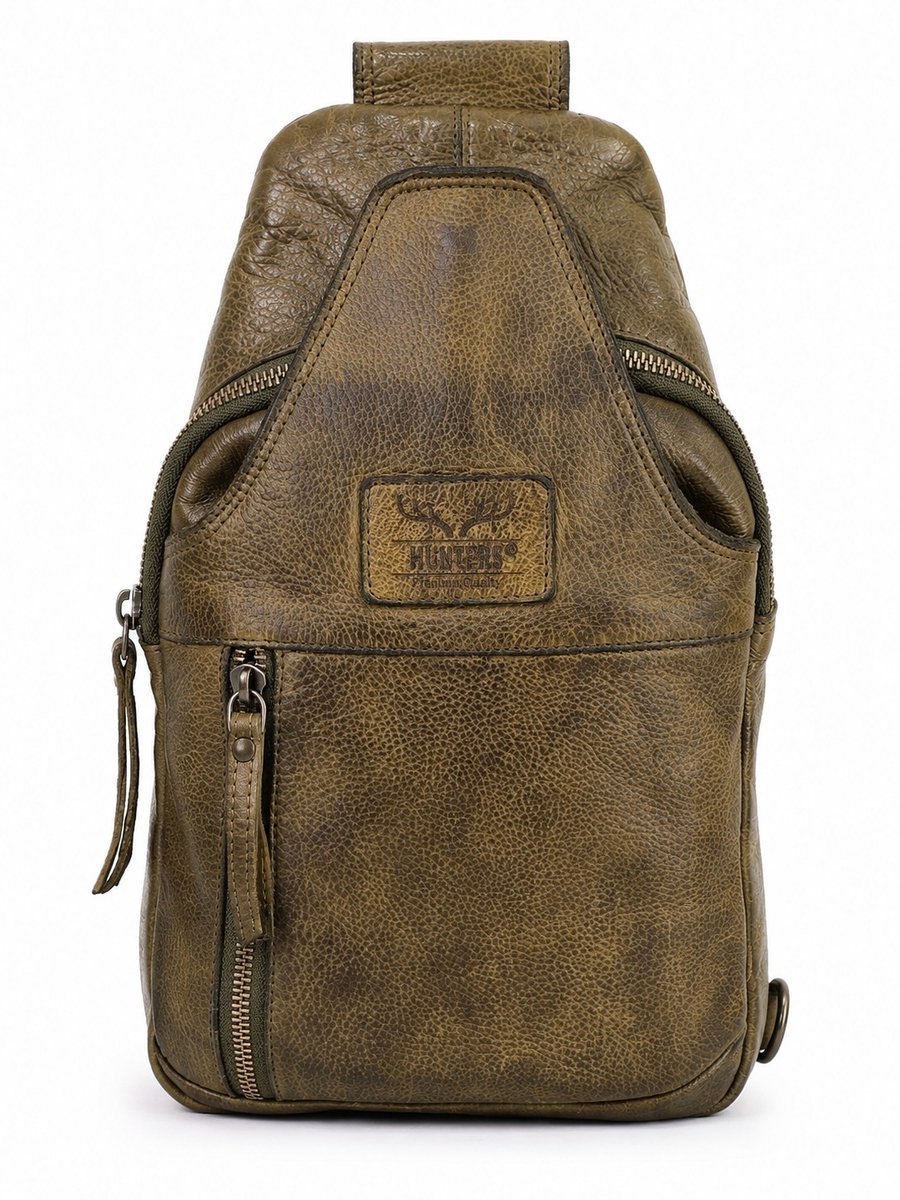 Hunters leren Crossbody tas Sling bag khaki - Gewassen leer - soepel en sterk - (bxhxd) ca. 20cm x 35cm x 4cm