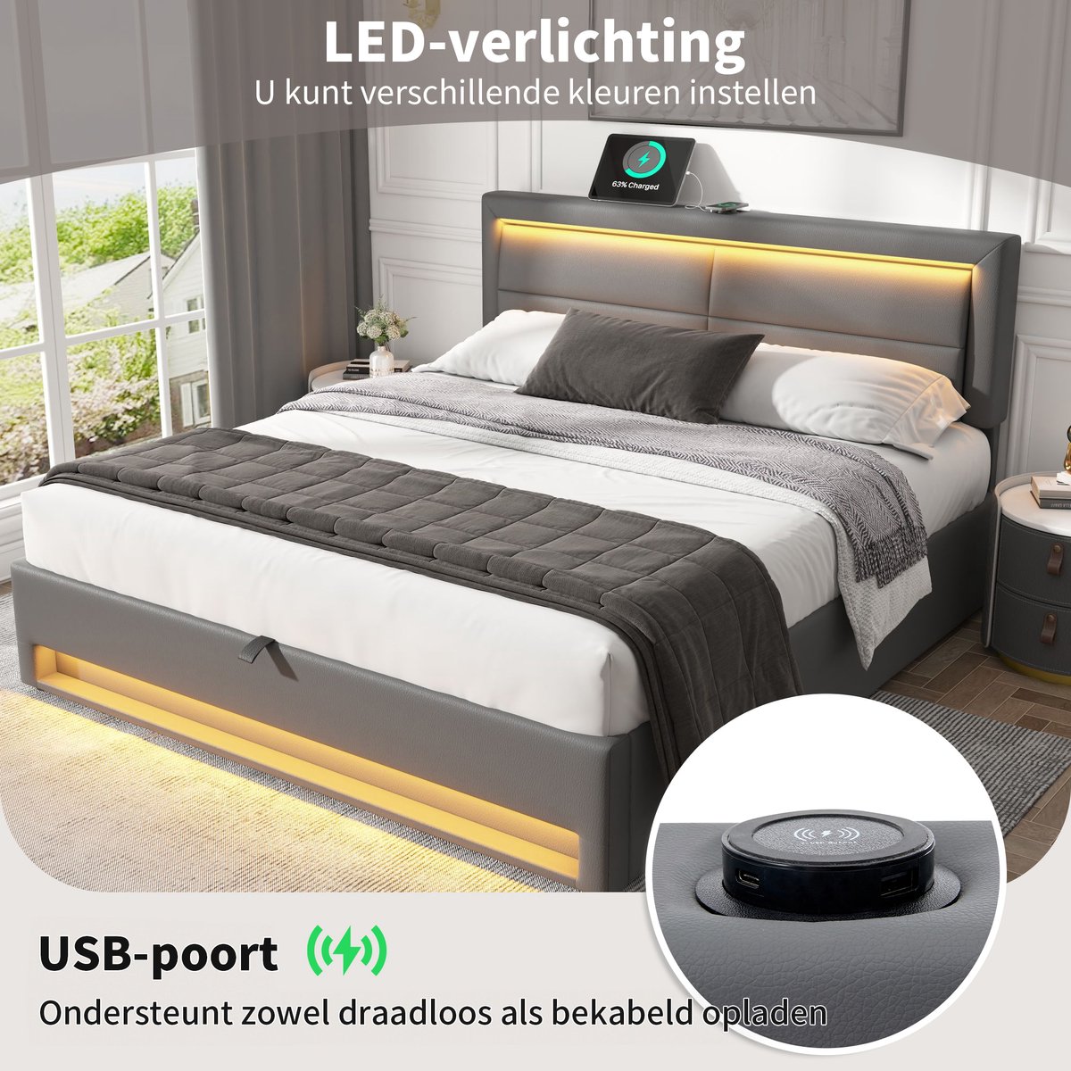 DESMIU Gestoffeerd Bed 140x200 Cm Met Matras - Bed Met Usb Oplaadfunctie, Ledverlichting En Opbergruimte - Slaapkamer - Pu - Grijs