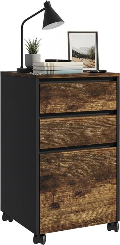 Dossierkast met drie lades in houtprint en zwart frame, met een bureaulamp, boeken, plantje en een ingelijste foto op het blad.