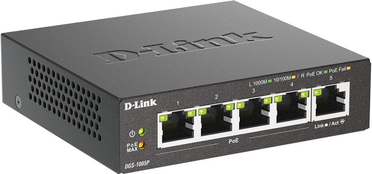 Netwerk Switch - Gigabit PoE+ - Apparaten Verbinden - Plug and Play - 5 Poorten - Zwart