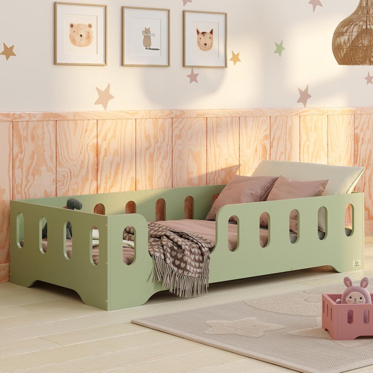 Kinderbed - Montessori bed - Zelfstandig slapen - Met valbescherming - 60x120 cm - Groen