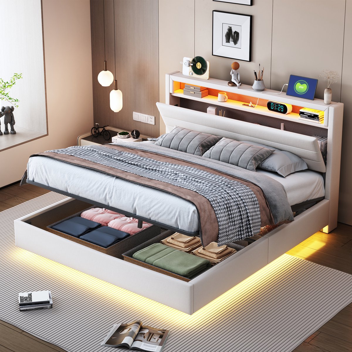 DESMIU Gestoffeerd Bed 140x200cm - Hydraulisch Zwevend Bed met Opbergruimte - Draaibaar Hoofdeinde met USB en LED - Voor Slaapkamer - Linnenlook - Beige - Zonder Matras