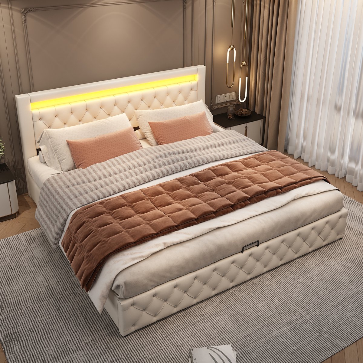 DESMIU Gestoffeerd Bed 180x200 cm - Bed Met Led Verlichting En Opbergruimte - Opklapbare Lattenbodem - Voor Slaapkamer En Logeerkamer - PU - Wit - Zonder Matras