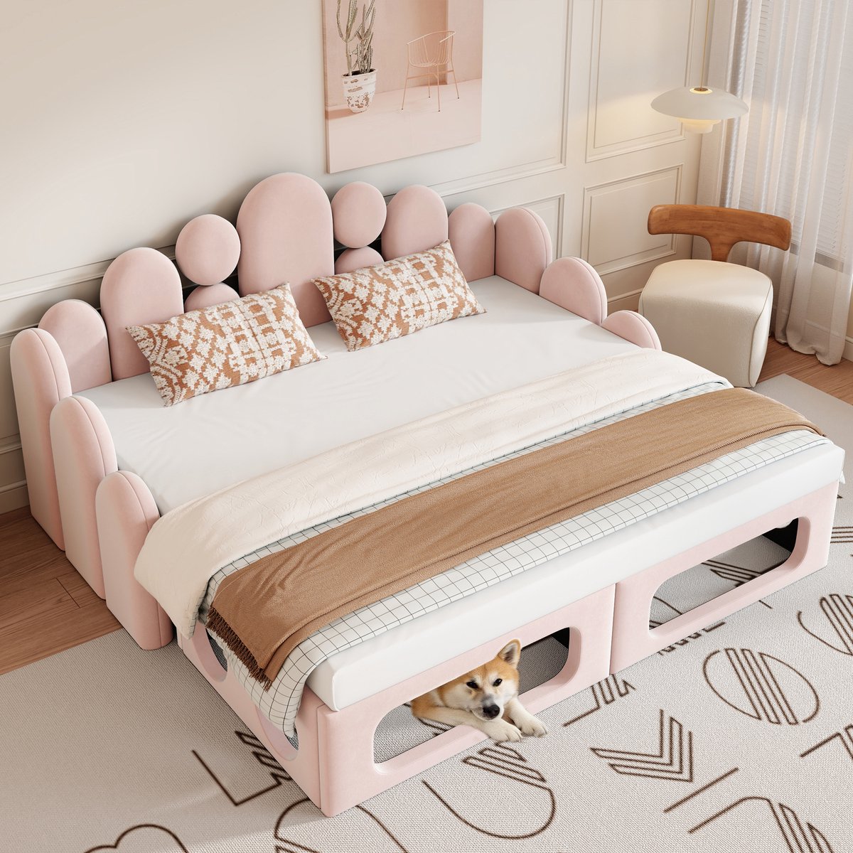 DESMIU Gestoffeerde Slaapbank 180x200cm Zonder Matras Met Uitneembaar Huisdierenbed Dubbele Bedopstelling Voor Woonkamer En Slaapkamer Zacht Fluweel Roze