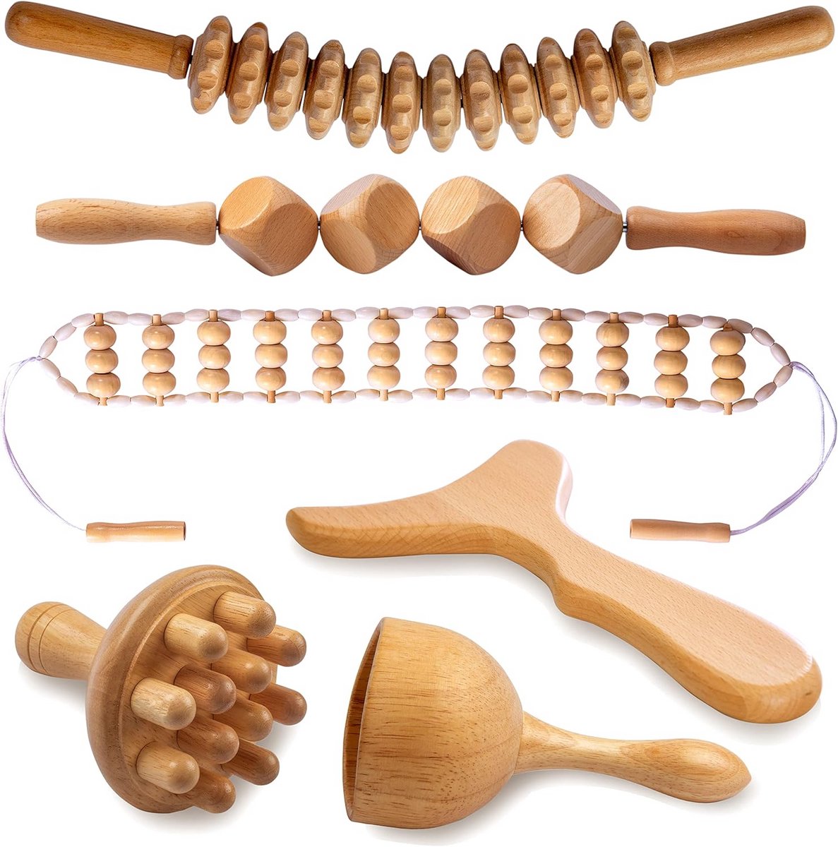 Houttherapie Set - Lymfedrainage Tools - Lichaamsvorming Massage - 6-in-1 Compleet - 15.5 x 43 cm - Natuurlijk Hout