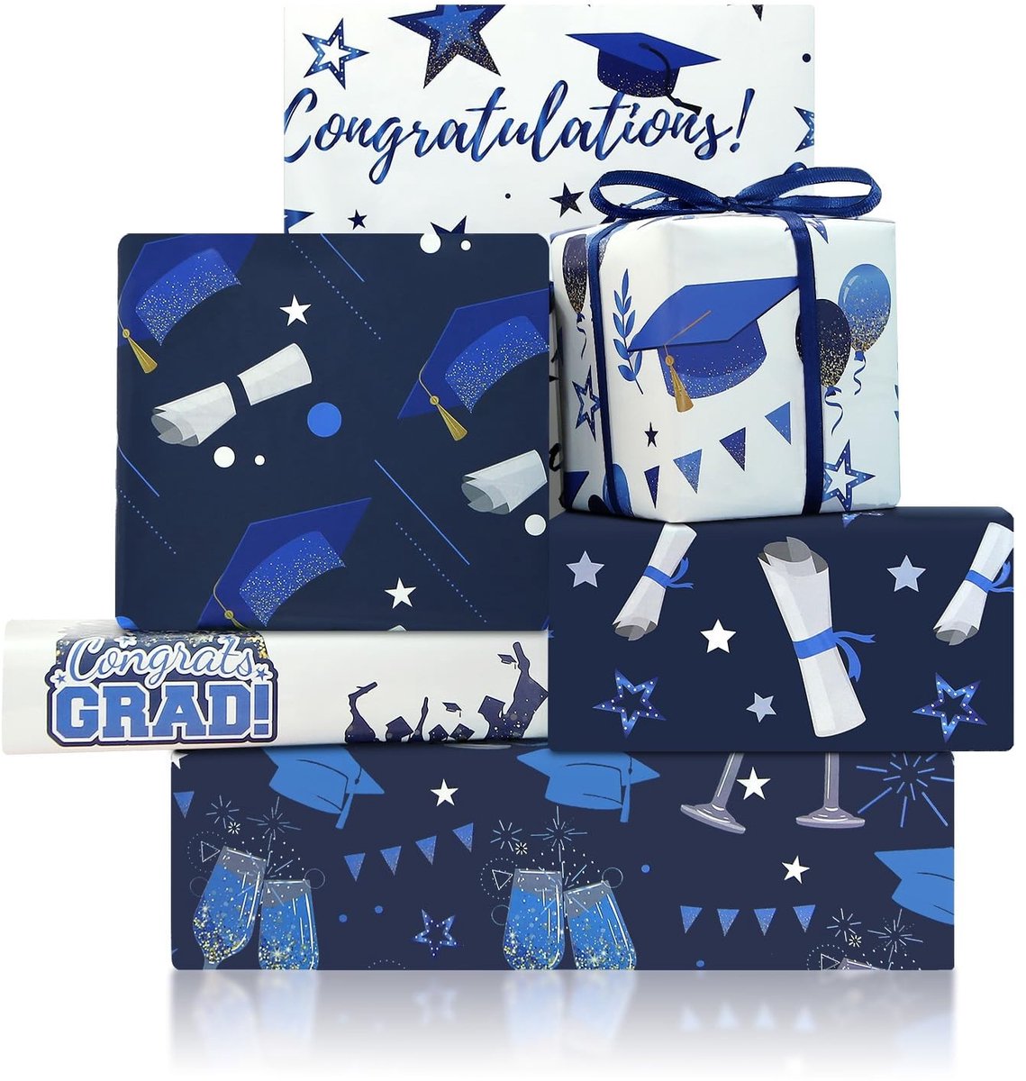 Dailygoods- Inpakpapier Afstuderen - 6 Vellen Blauw/Wit - 50 x 70 cm - Inclusief Rol Blauw Lint - Creatief Cadeaupapier - Uniek Thema