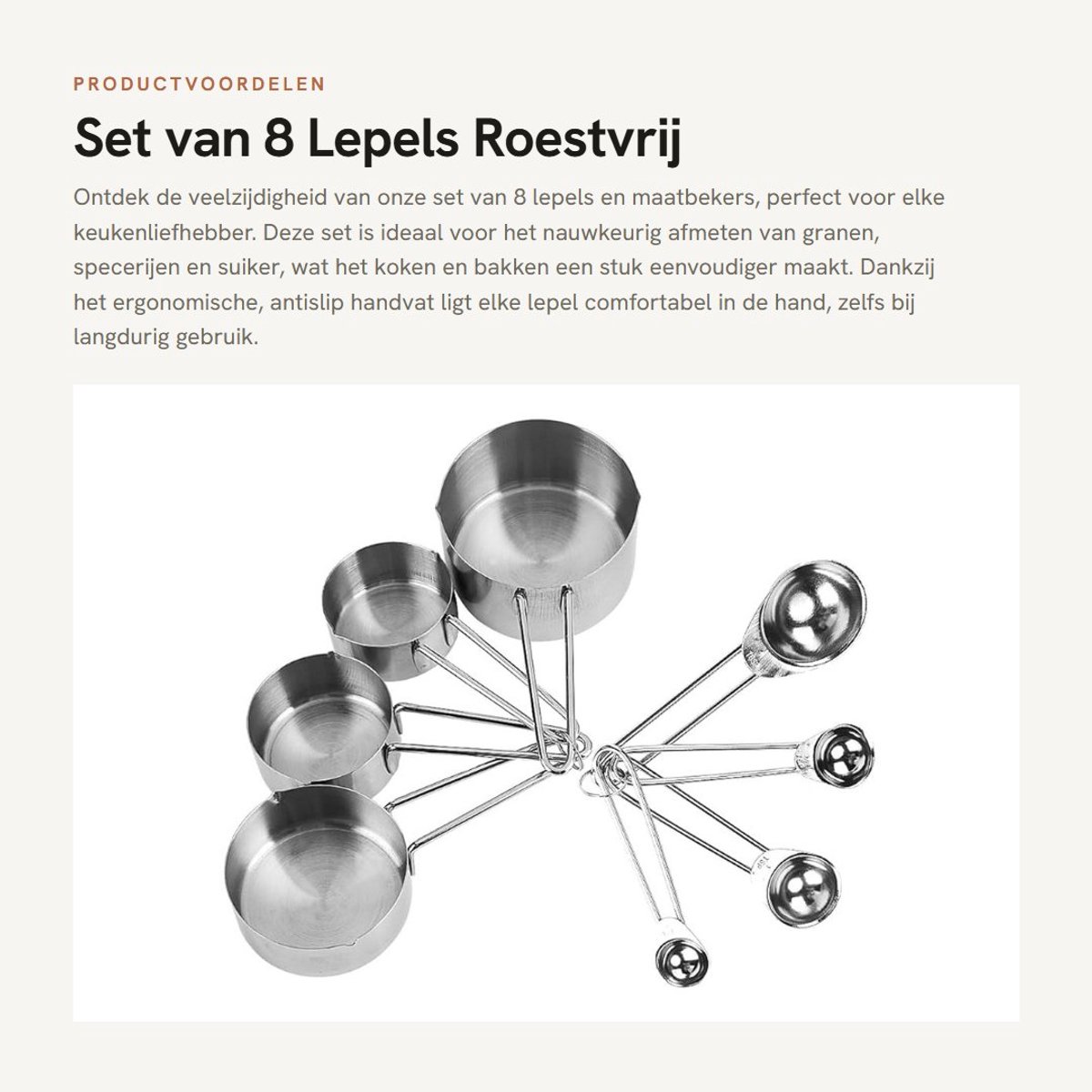 Dailygoods- Lepels Set van 8 - Maatlepels/RVS - Antislip Handgreep - Ergonomisch Keukengereedschap - Voor Granen/Suiker/Koffie - Voedselveilig Materiaal