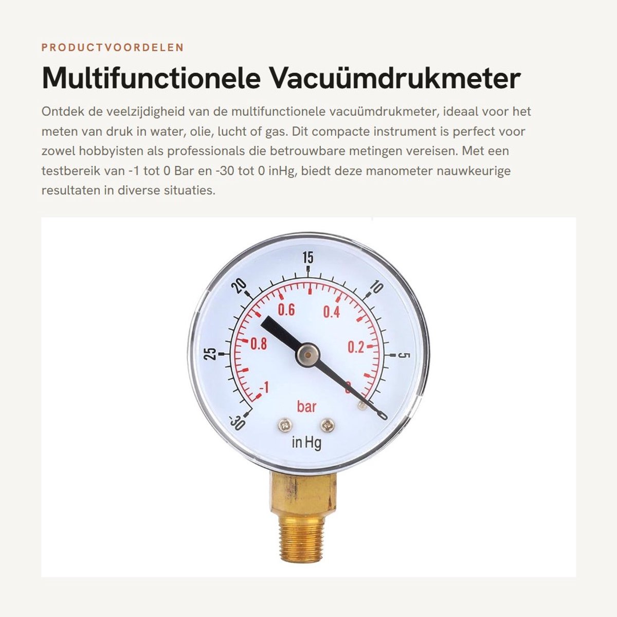 Dailygoods- Vacuümdrukmeter - -1-0Bar Testbereik - 1/8 BSPT Onderzijde - Messing Aansluiting - Transparante Deksel - Nauwkeurige Meting - Drukmeter