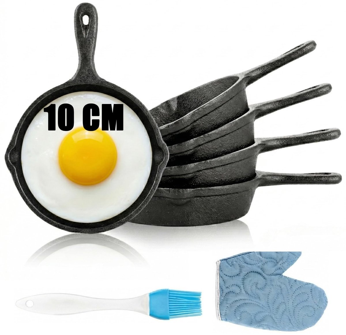 Dailygoods- Braadpan Mini Gietijzer - 5 Stuks - 10,5 cm - Dubbele Schenktuit - Grillveilig - Inclusief Handschoenen - Mini Pan
