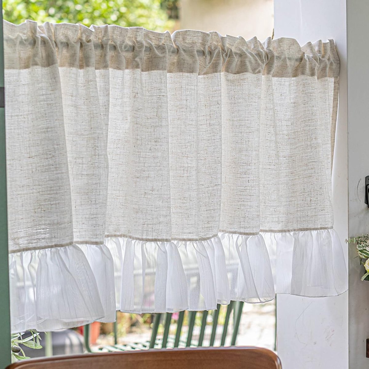 Kort gordijn - Valletje raambekleding - Keuken decoratie - Kant ruches detail - 100x40 cm - Beige