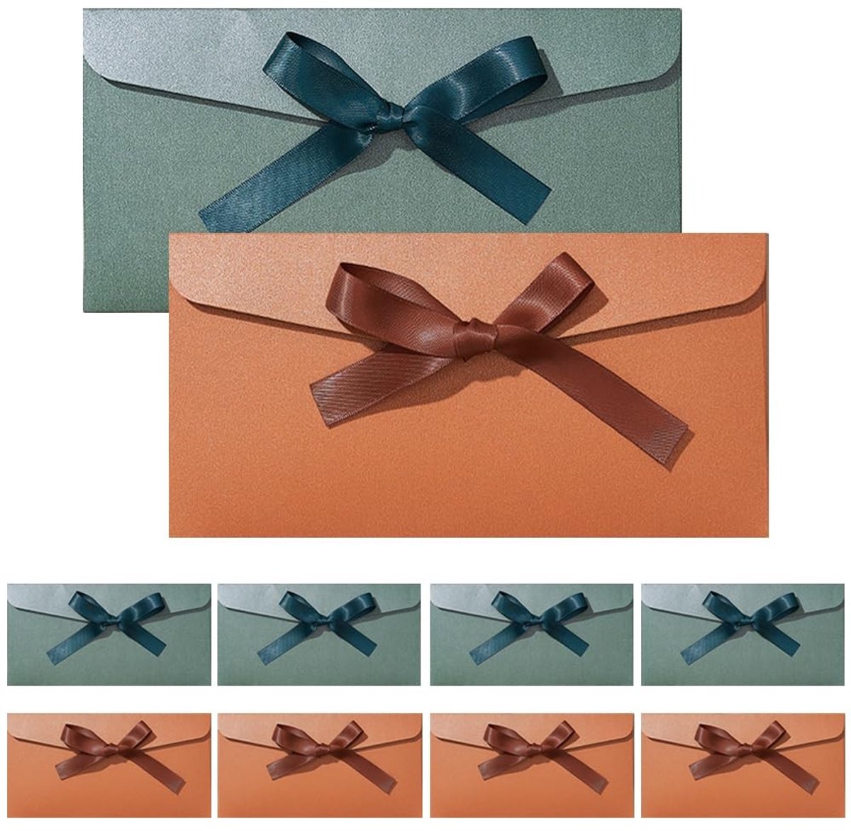 Dailygoods- Geschenkenveloppen 10 Stuks - Vintage - Parelmoer Papier - 22 x 11 cm - Linten/Strik - Bruin/Donkergroen - Handgemaakt - Uitnodigingsenveloppen