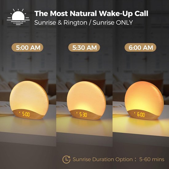 Wekker met Geluidsmachine - Digitale Klok - Rustig Ontwaken - Simuleert Zonsopgang - 18 cm - Houtkleur — afbeelding 5