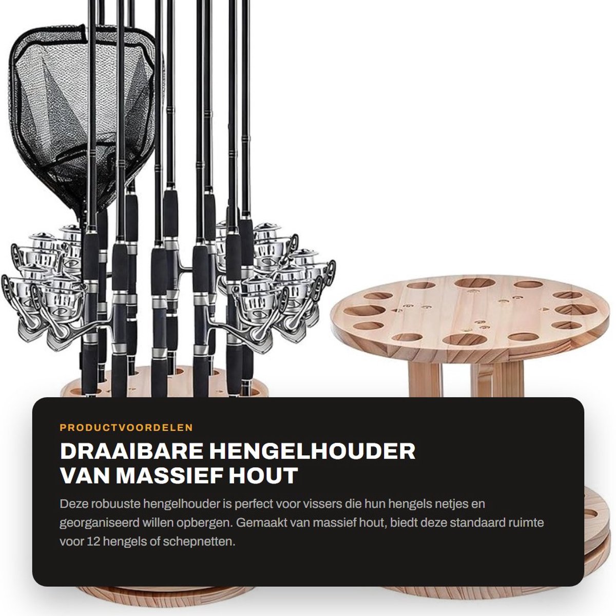 Dailygoods- Hengelhouder Draaibaar - Robuust Hengelrek - Massief Hout - Capaciteit 12 Hengels - Afmetingen 32x31,5x8 cm - Gewicht 2,1 kg