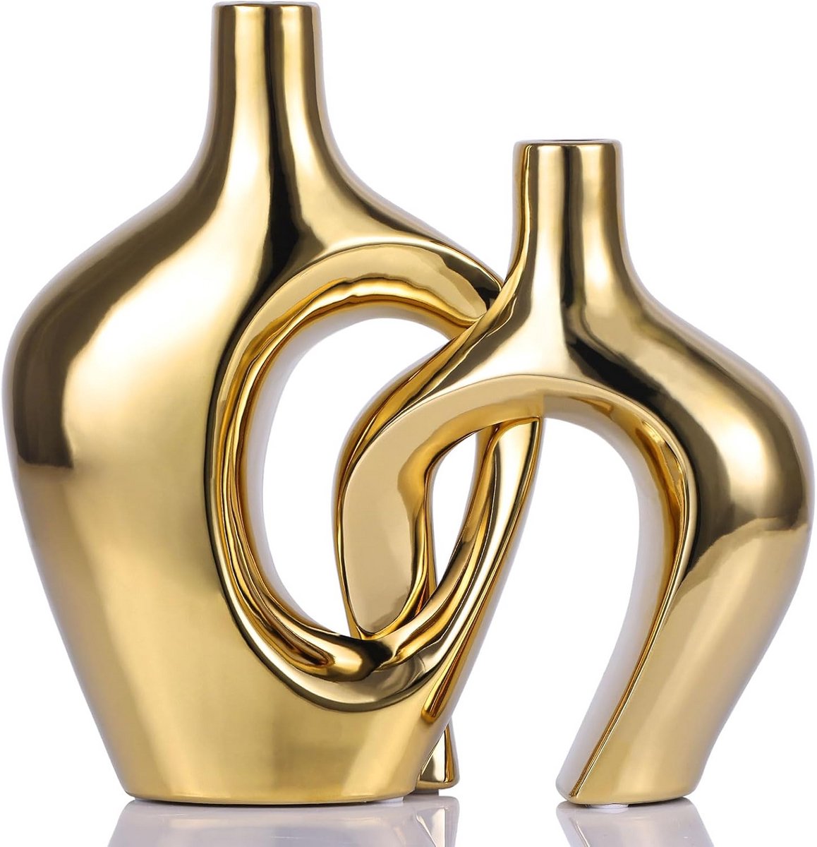 Keramische Vazen Set - Gouden Decoratie - Woonkamer Aankleden - Handgemaakt Hol Ontwerp - 2 Stuks 7" & 8.7" - Goud