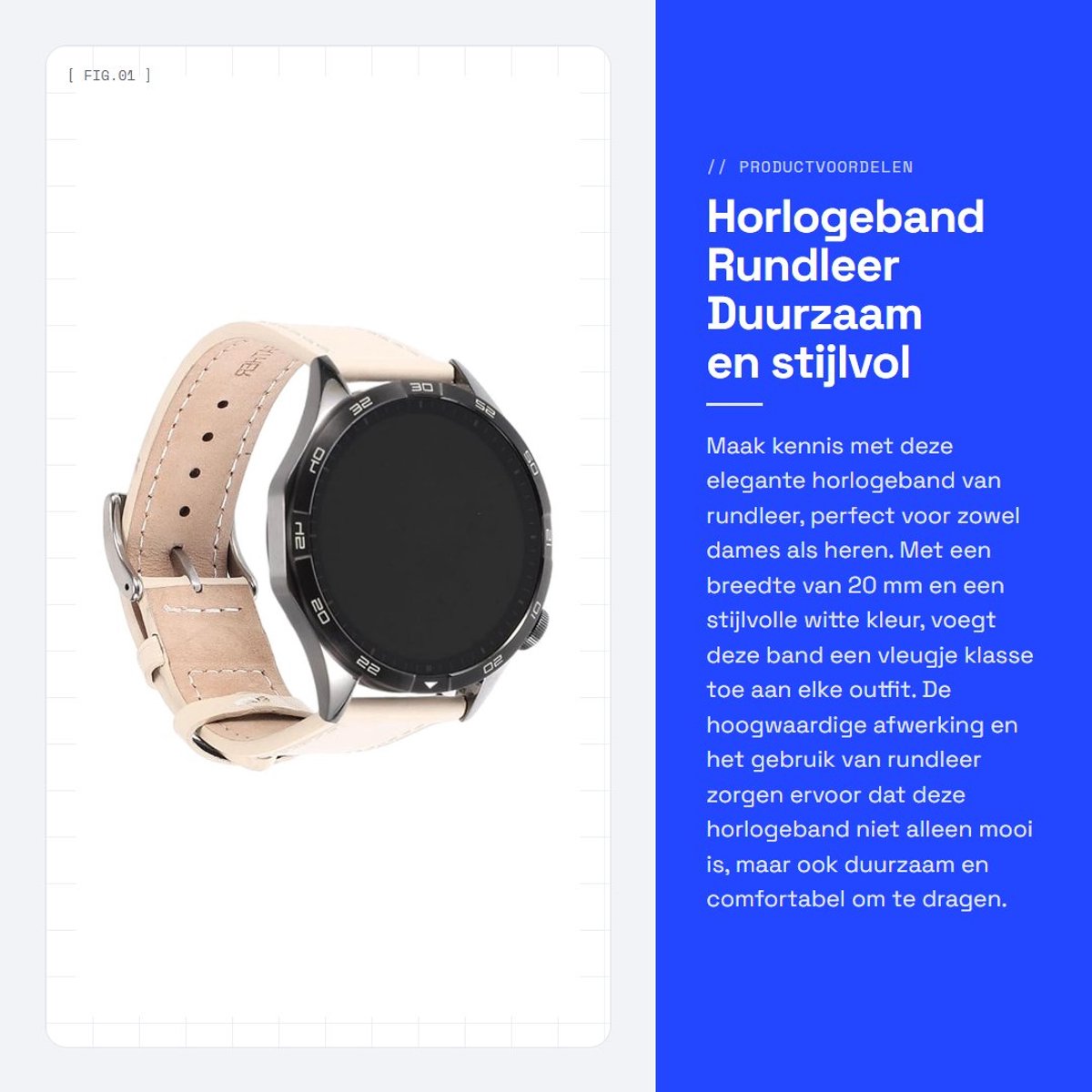 Dailygoods- Horlogeband Rundleer 20mm - Horlogebandje Dames/Heren - Wit - Duurzaam - Verstelbaar - Stijlvol Design - Horlogeketting