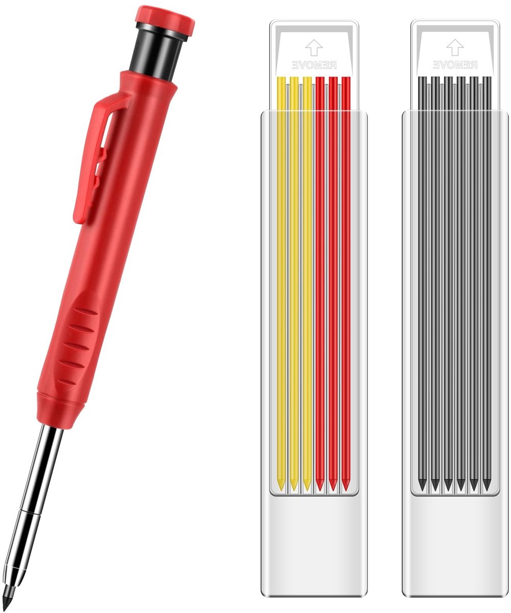 Dailygoods- Bouwpotlood met ingebouwde slijper - Timmermanspotlood - Hervulbaar - 12 Vullingen - Houtbewerking - Duurzaam grafiet - Constructiepotlood