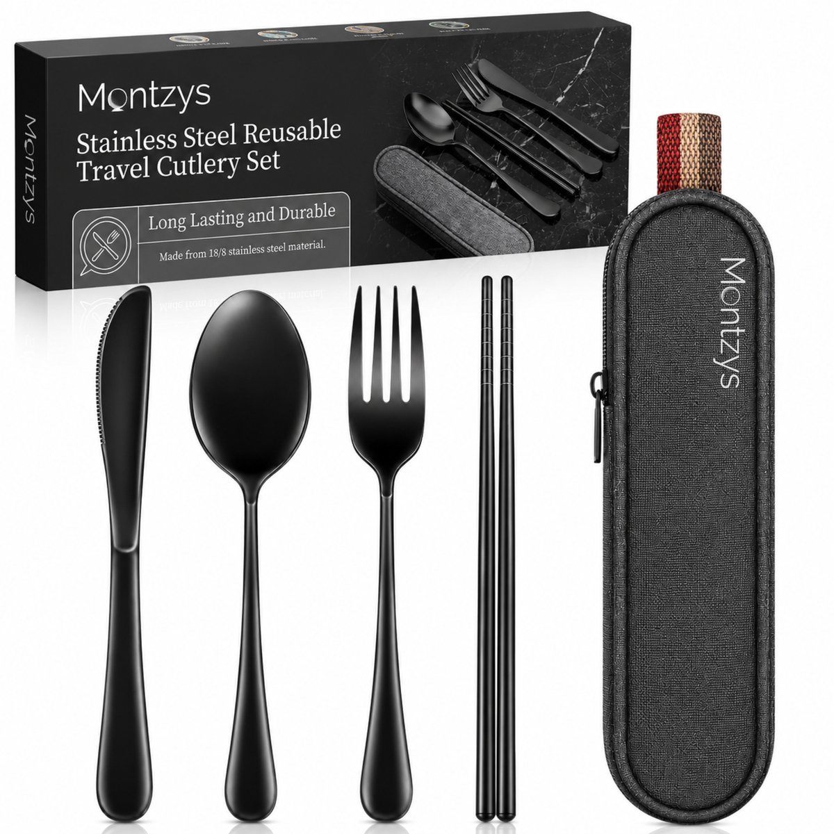 Montzys® Reisbestek To Go - Bestekset met Stokjes, Mes, Vork & Lepel - Bestek Set voor Camping & Op Reis - Inclusief Opbergtas