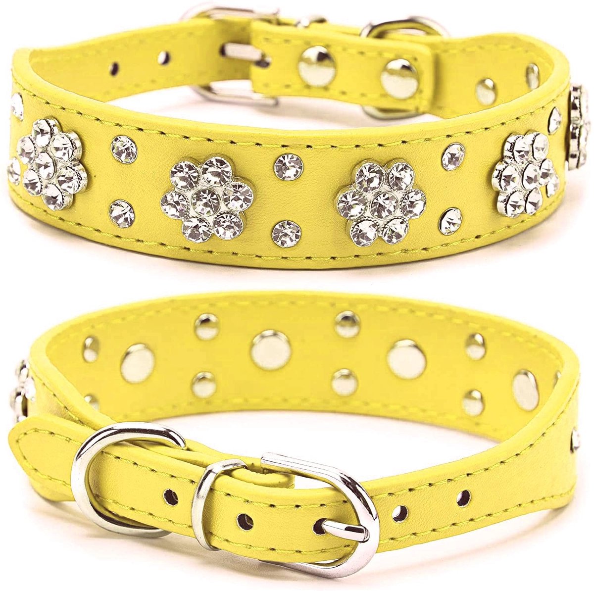 Dailygoods- Halsband Bling - Verstelbaar - Faux Leer - Kristallen Strass - Hondenhalsband - Maten S/M/L - Breedte 2,5 cm