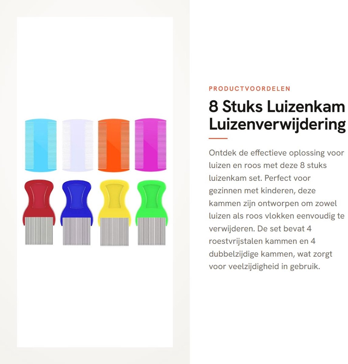 Dailygoods- Luizenkam Set van 8 Stuks - Roestvrij Stalen Tanden - Dubbelzijdige Tanden - Luizenverwijdering - Geschikt voor Huisdieren - Diverse Kleuren - Vlooienkam