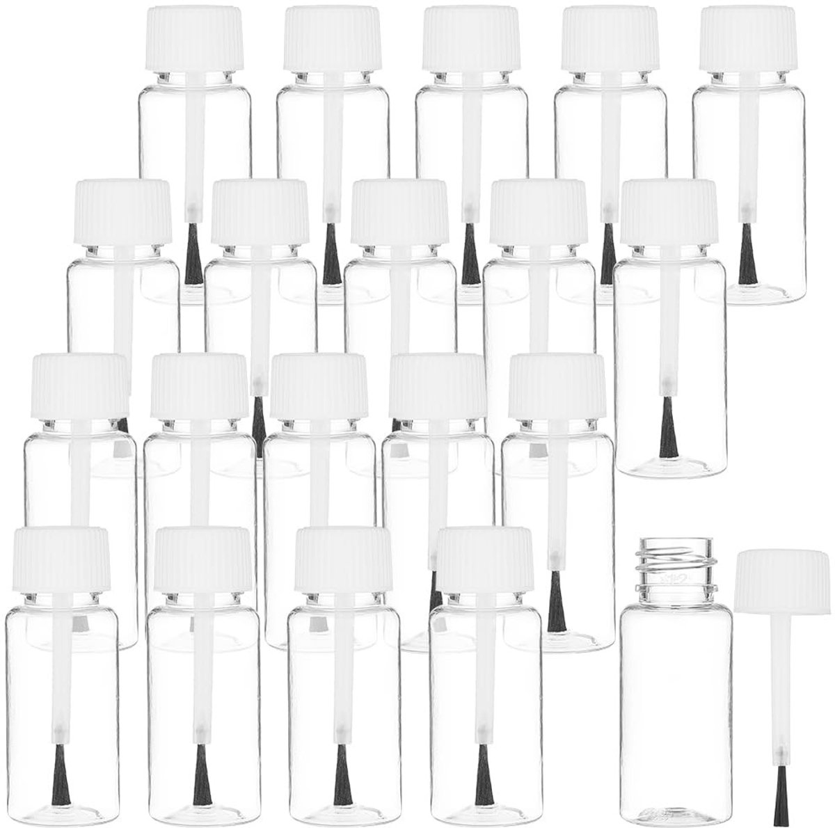 Dailygoods- Applicatorflessen 20 stuks - Lege Navulbare Flessen - Kunststof met Penseeldeksel - Lichtgewicht en Lekvrij - Inhoud 15 ml - Afmetingen 24 mm x 63 mm - Nagellakfles