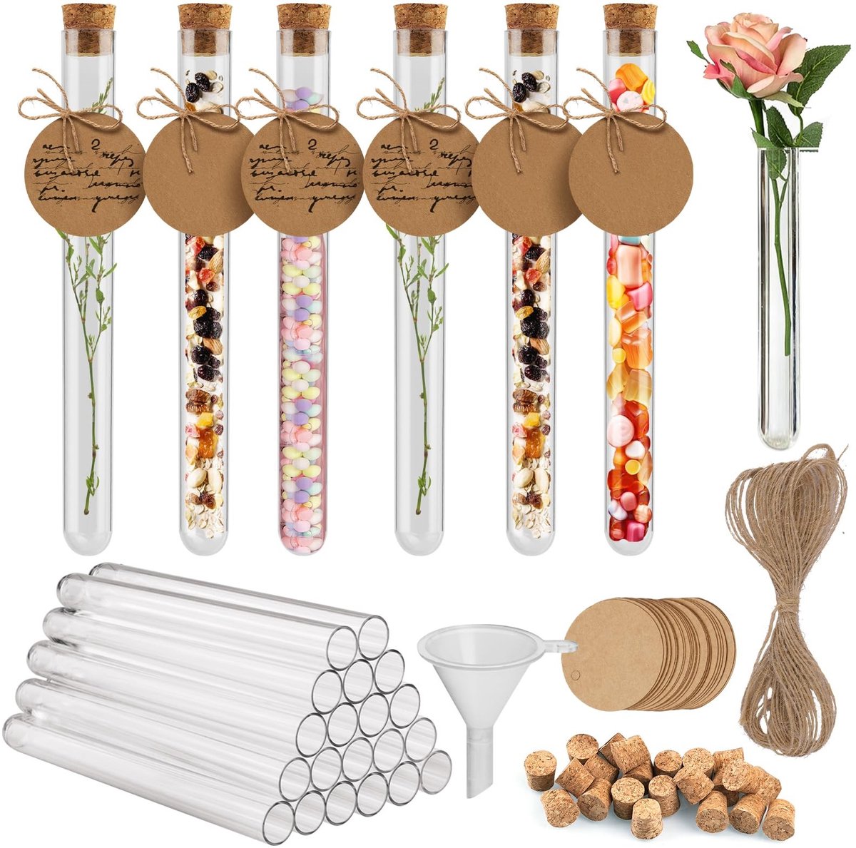 Dailygoods- Reageerbuizen Set van 20 - Kunststof - Waterdicht - Transparant - Met Kurk/Etiketten - 16 x 150 mm - Geschikt voor Decoratie - Opslagbuis